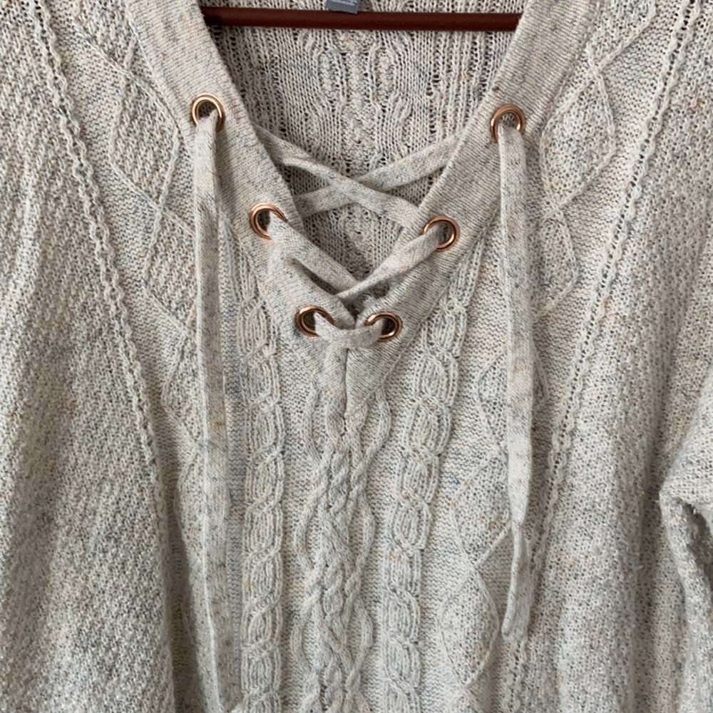 Aerie Cream Oversized Lace-Up Knit Sweater - Picture 6 of 9